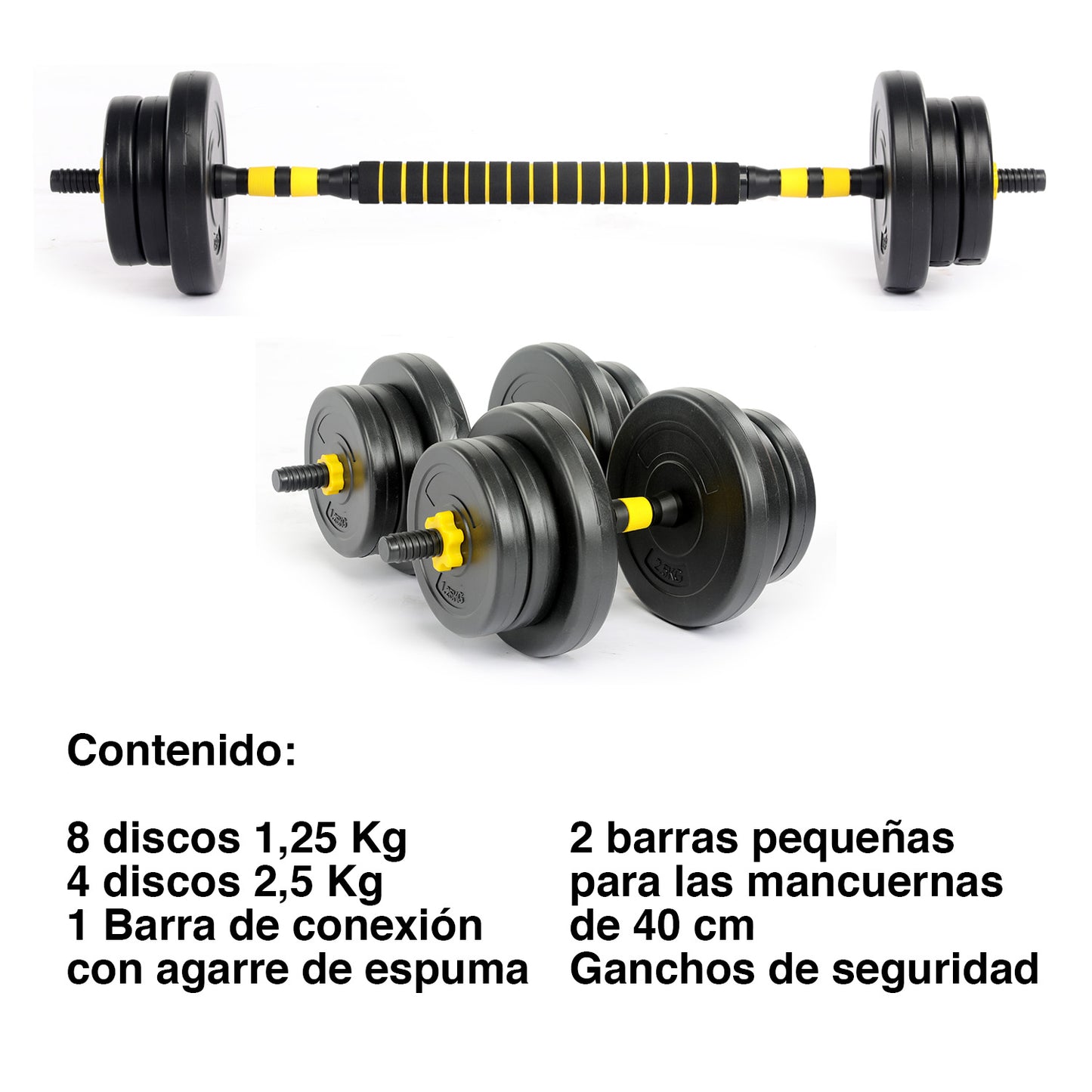 Set Barra y Mancuernas Ajustable 20 Kg Amarillo